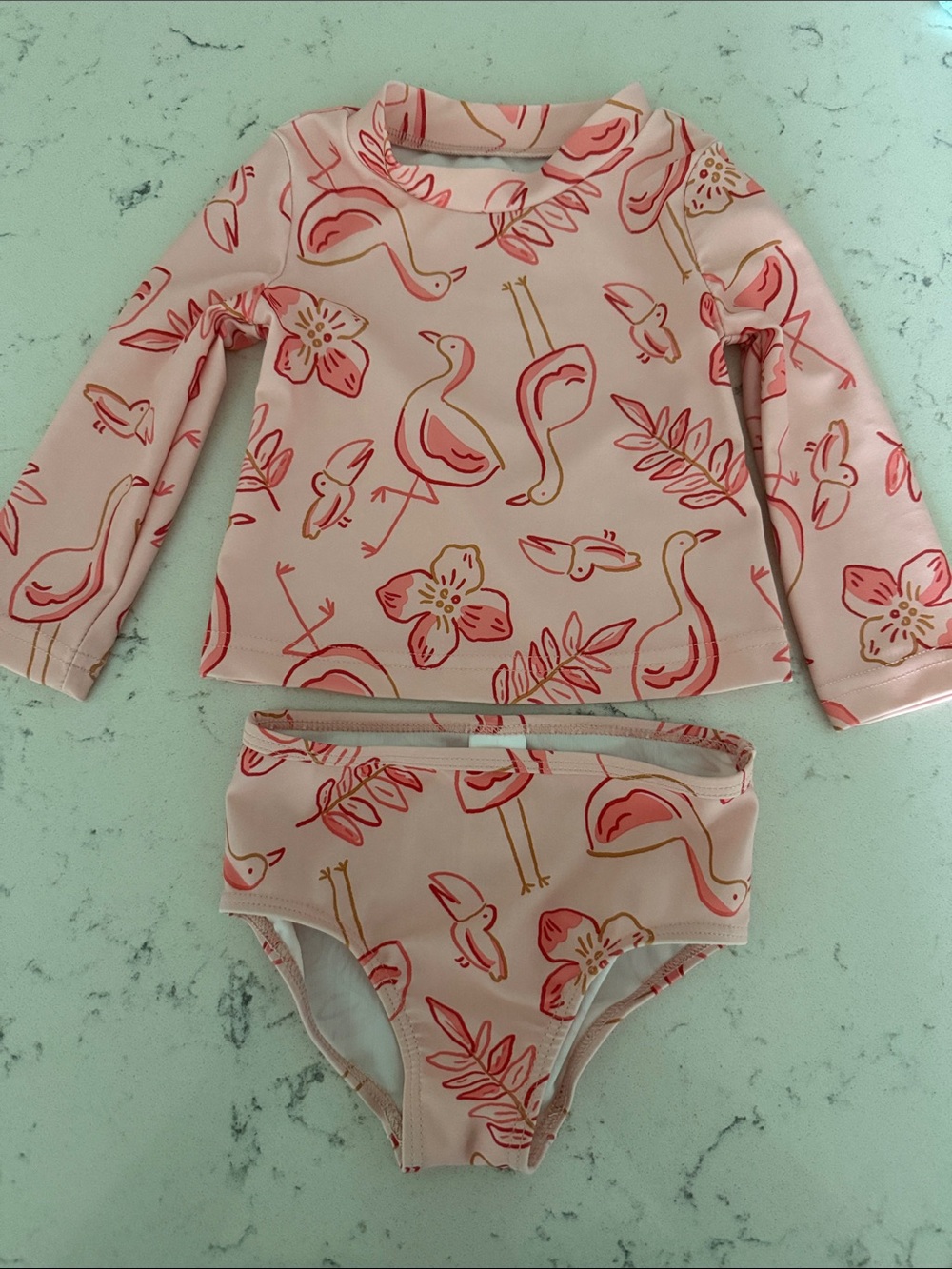 Kids Pink Flamingo Rashguard Swim Set - Long Sleeve Top & Bottom